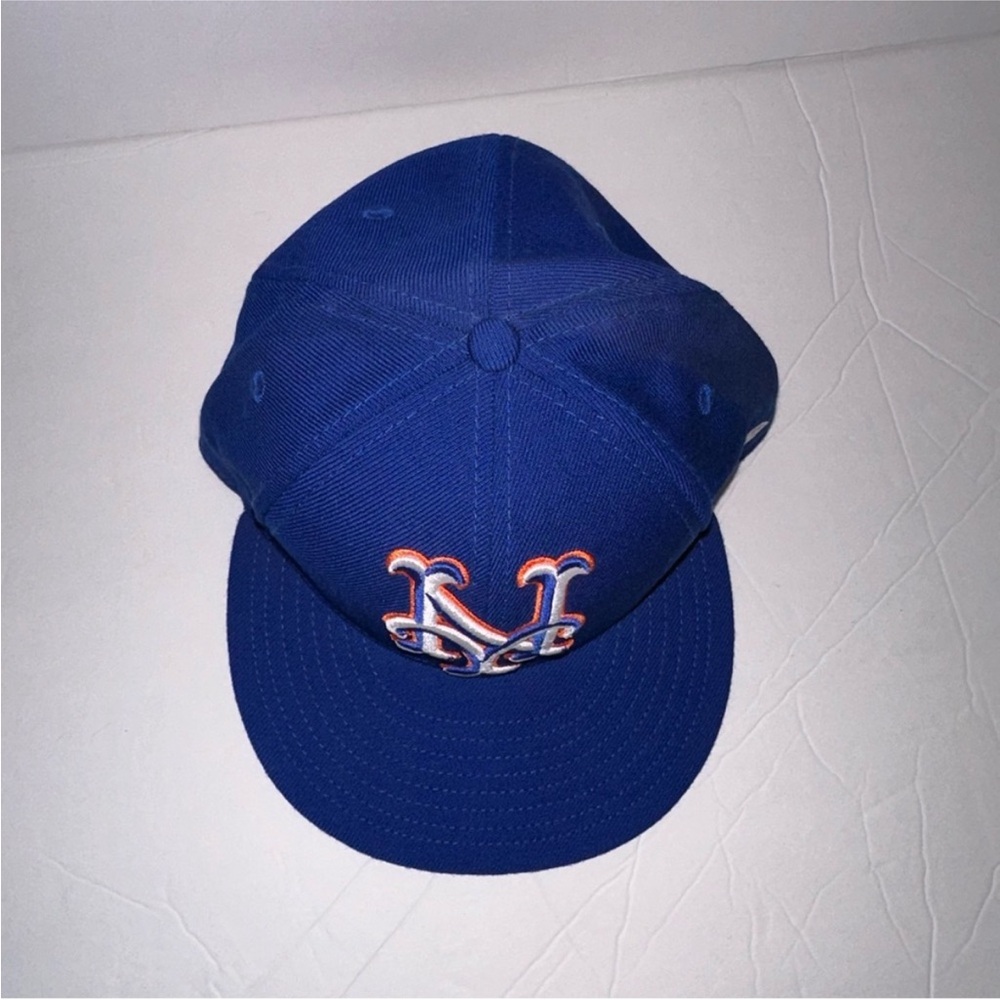 New Era NEW YORK METS fitted hat 7 3/8 BLUE With ORANGE white & blue logo EUC - Picture 4 of 7